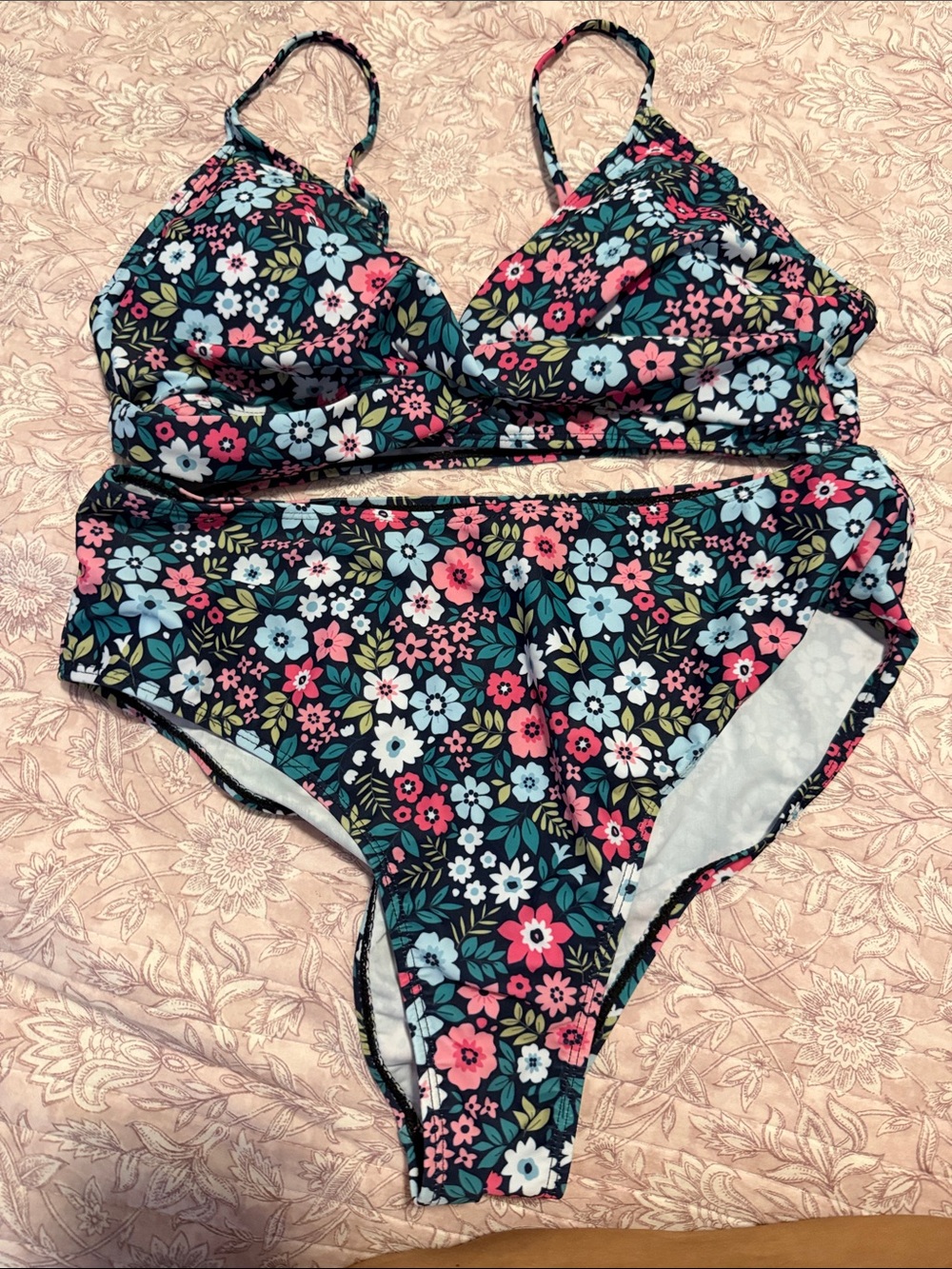 SHEIN Dark Floral Print Bikini Set - Pink Blue White Green